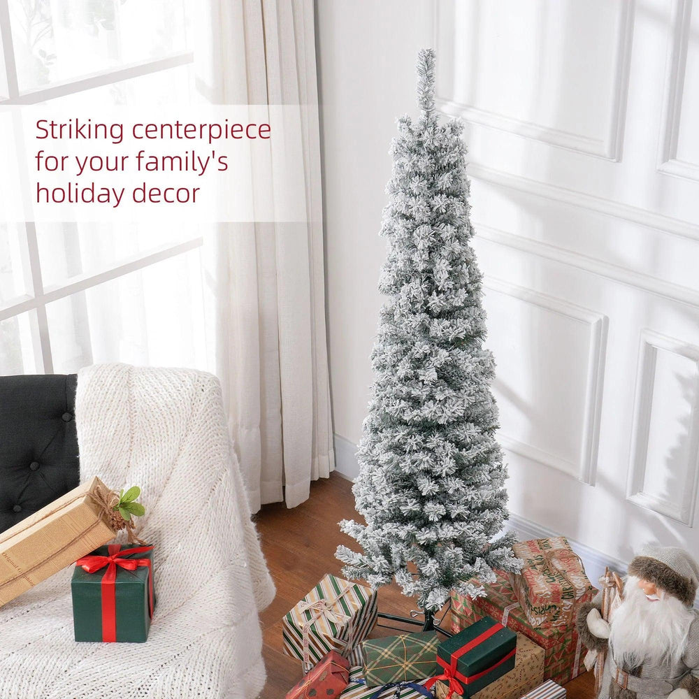 5ft Flocked Christmas Tree, Pencil Christmas Tree With Realistic Branch Tips, Folding Metal Stand, Green EX-STOCK Canada