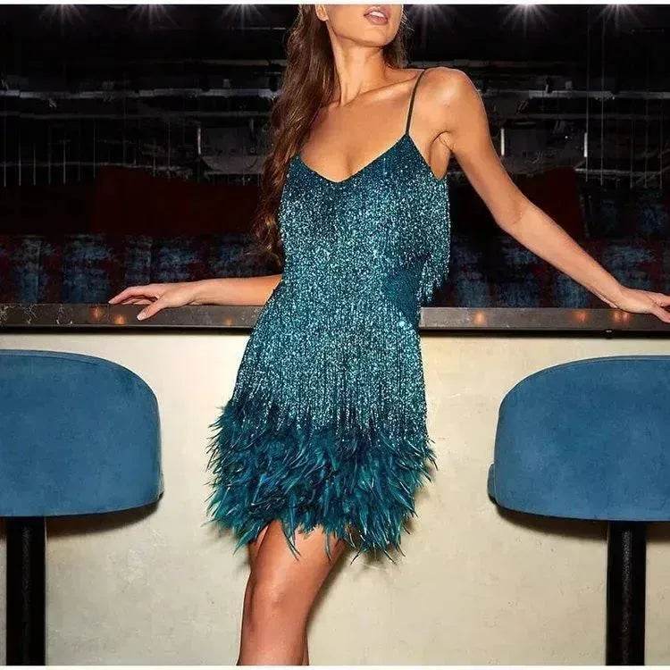 Elegant Chic Spaghetti Strap Luxury Tassel Sequins Feather Women’s Mini Dress for Evening Party, Cocktail Wedding Guest. - EX-STOCK Canada