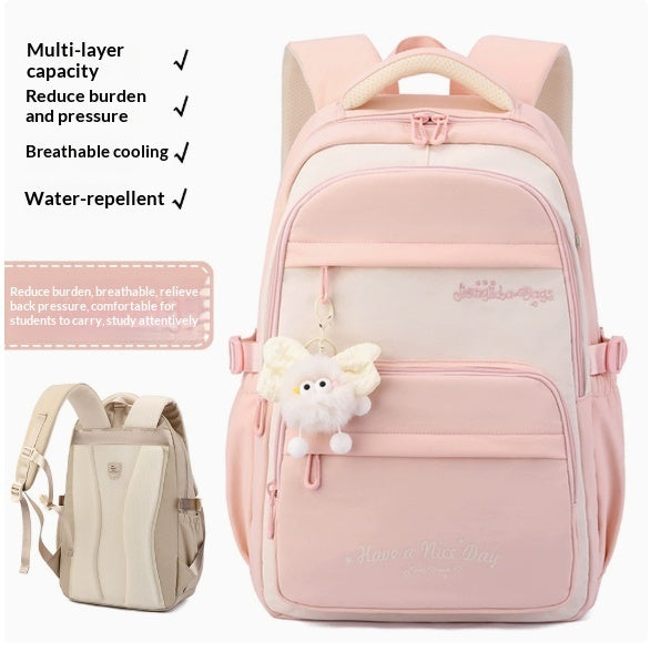 A pastel pink and cream multi-layer school backpack shown on a white background, with feature callouts on the left and a smaller alternate view of the bag at lower left. The main bag has a front zip pocket, padded shoulder straps, and a small plush keychain charm.