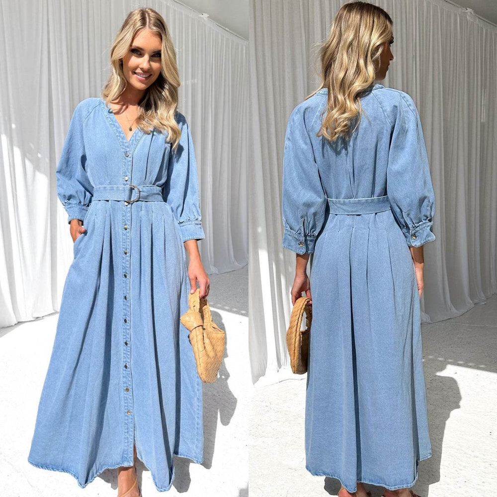 V-neck Lace-up Waist Trimming Casual Button Denim Dress - EX-STOCK Canada