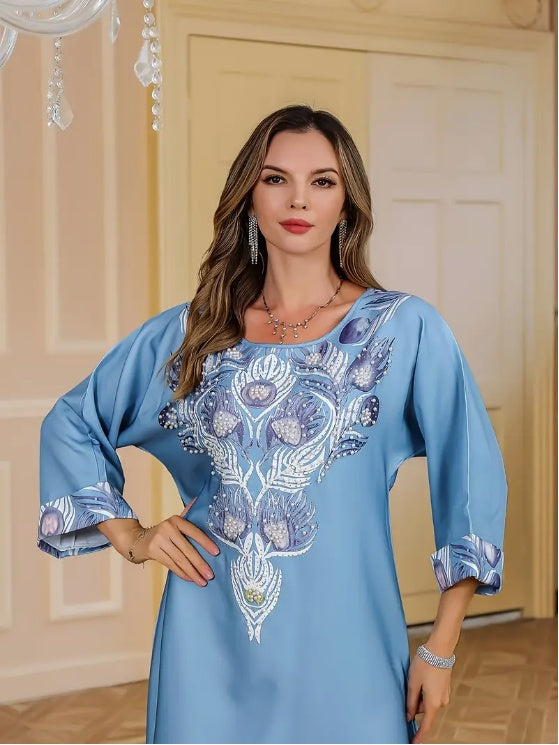 Robe Abaya à Manches Longues avec Imprimé Floral Élégant - EX-STOCK Canada