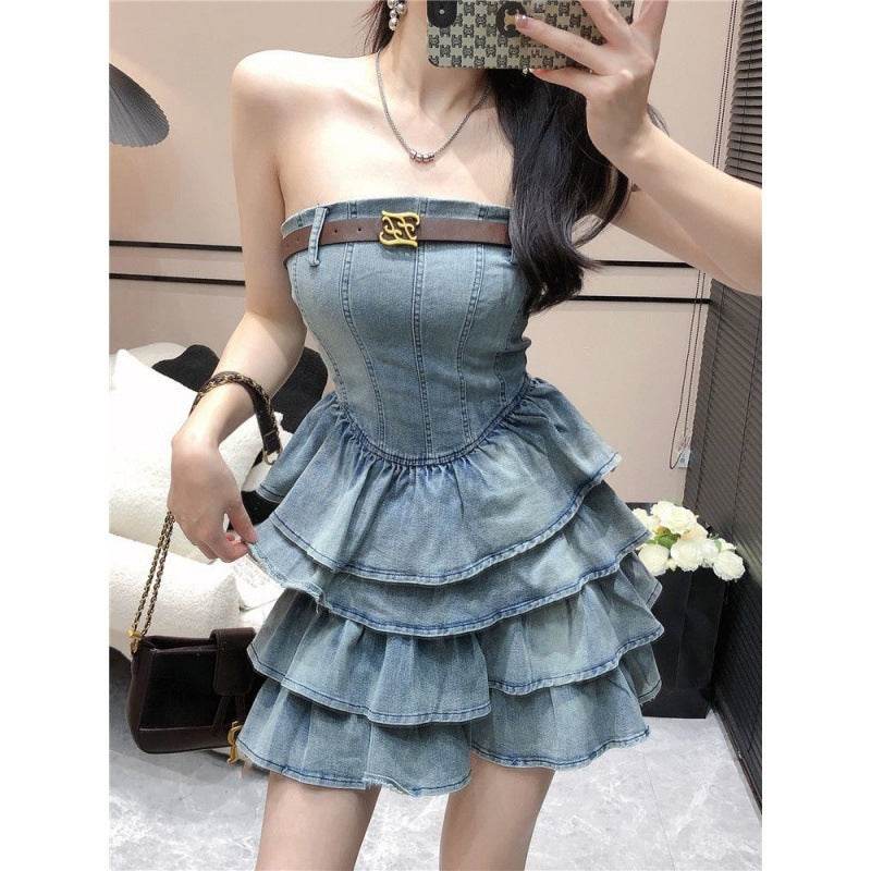 Women's sleeveless tube Denim High Waist Slimming Jeans layered flared mini Dress - EX-STOCK Canada