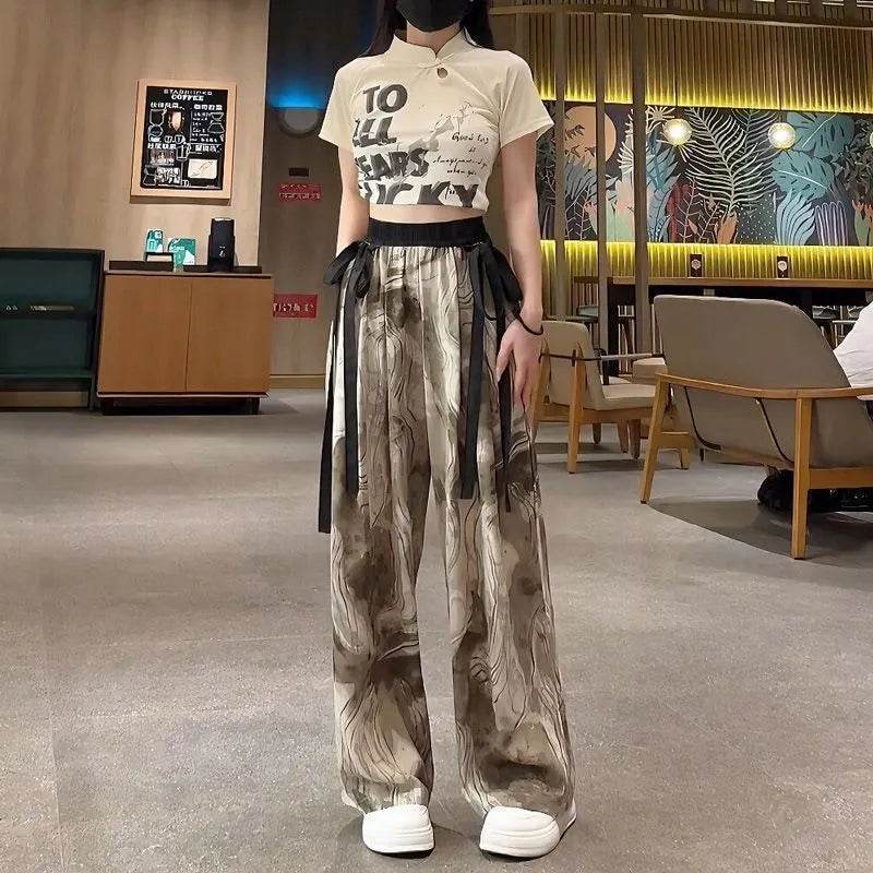 New Painting Ice Silk Wide-leg Baggy Trouser Pants Summer Women - EX-STOCK Canada