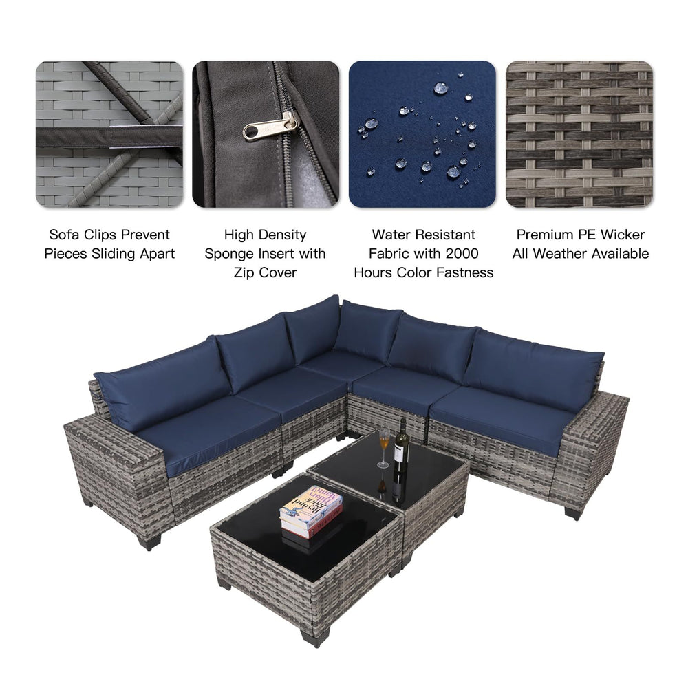 7-Piece Outdoor Patio Furniture Sets, All-Weather Wicker Rattan Sectional Sofa, Modern Two Glass Coffee Table And Washable Seat Cushion EX-STOCK Canada