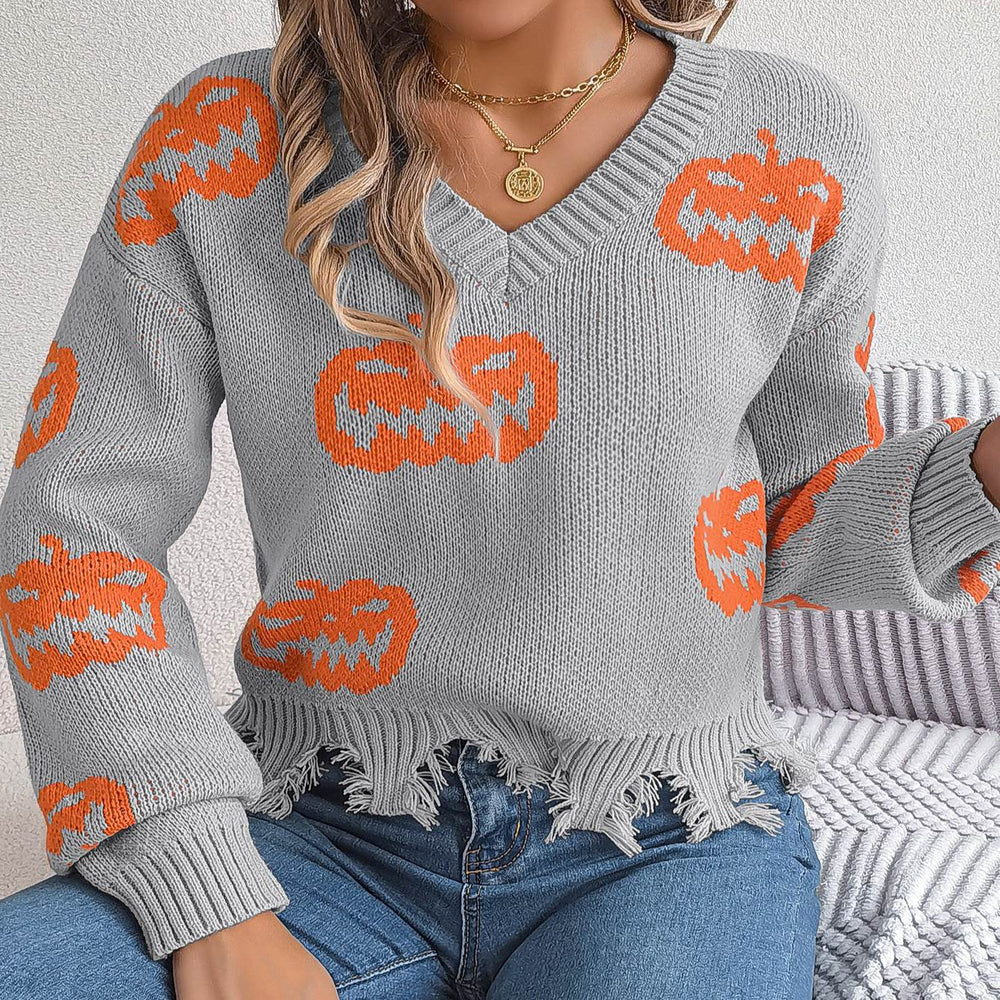 Halloween Contrast Color Pumpkin Cut Long Sleeve Sweater - EX-STOCK Canada