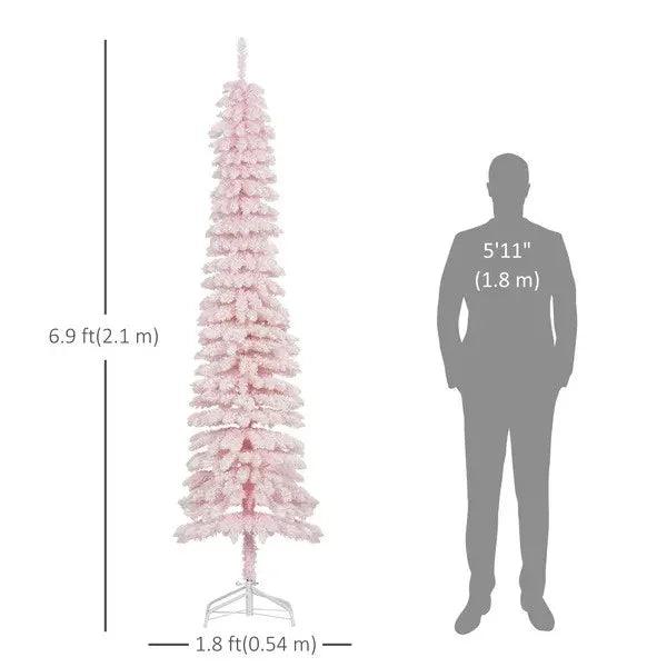 7ft Snow-Flocked Artificial Christmas Tree, Slim Pencil Xmas Tree With 490 Realistic Branches, Metal Base EX-STOCK Canada