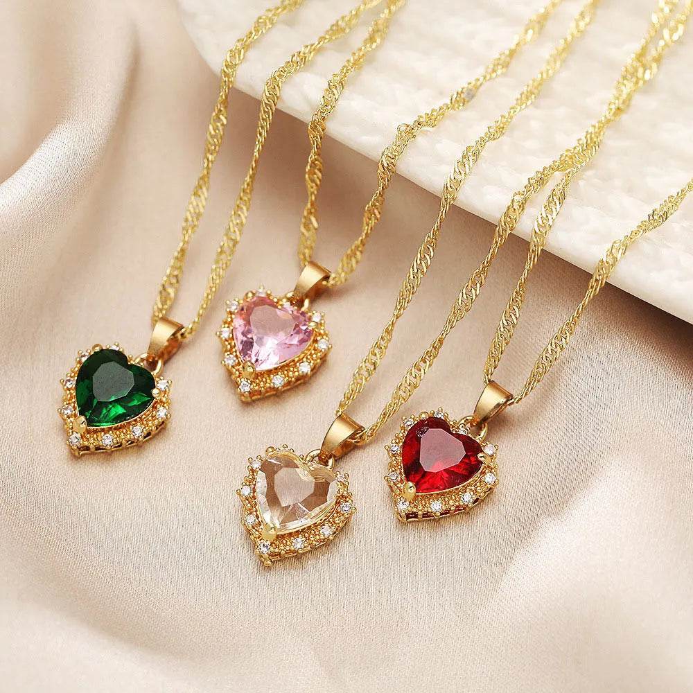 Colorful Rhinestones Heart-shped Necklace Love Gold Clavicle Chain Ins Personalized Jewelry For Women Valentine's Day - EX-STOCK Canada