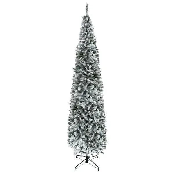 9ft Flocked Christmas Tree, Pencil Christmas Tree With Realistic Branch Tips, Folding Metal Stand, Green EX-STOCK Canada