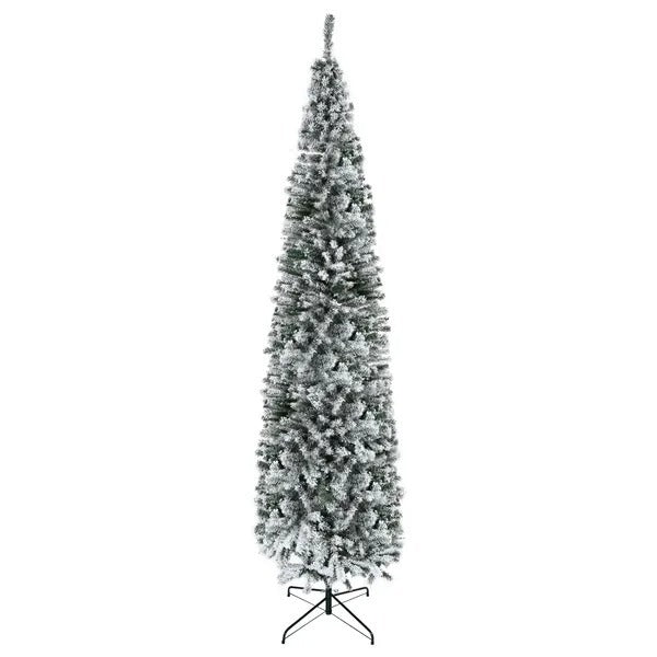 9ft Flocked Christmas Tree, Pencil Christmas Tree With Realistic Branch Tips, Folding Metal Stand, Green EX-STOCK Canada
