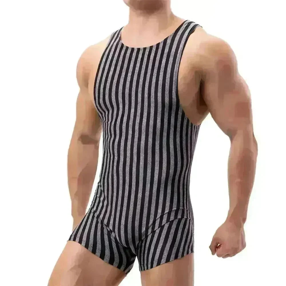 New Vertical Striped Pajamas Sports Swimming Brief Bodysuit for men - EX-STOCK CANADA