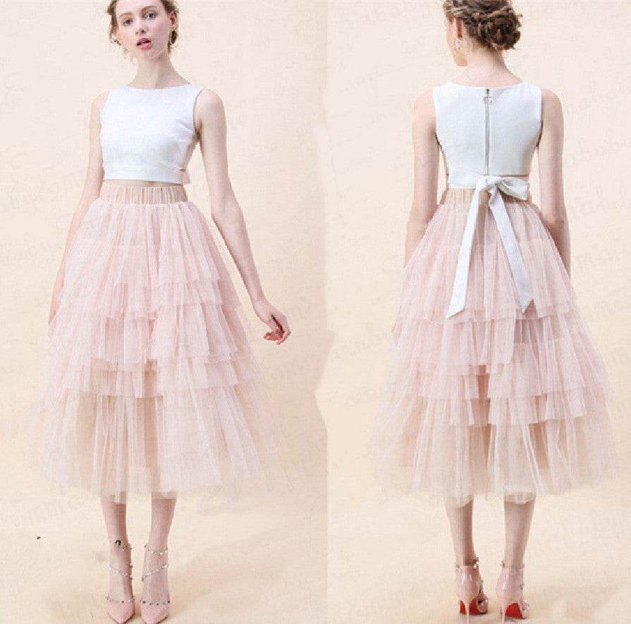 Summer Long Wave Ruffle Layered Ruched High Waist Midi tulle Skirt - EX-STOCK Canada