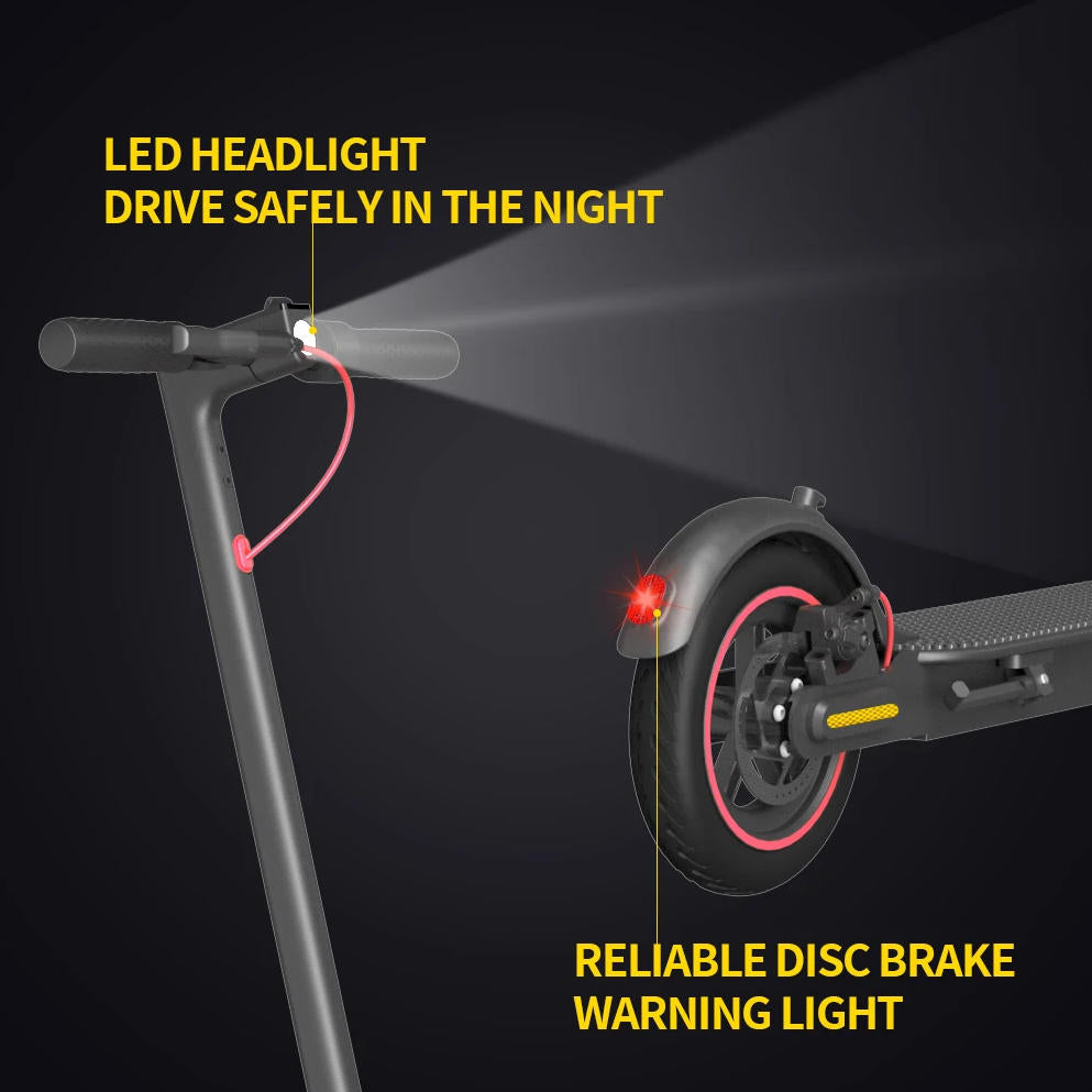 Electric scooter with LED headlight and disc brake warning light on a black background D01 Foldable Electric Scooter – 350W Motor, 40km/h, 30–40km Range