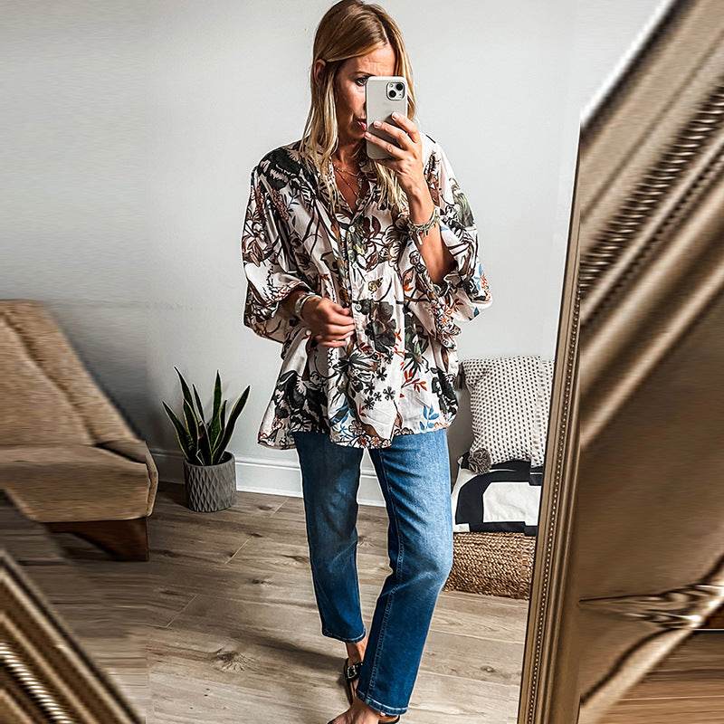 Spring Summer All-match Floral Print loose Linen blouse Shirt For Women - EX-STOCK Canada