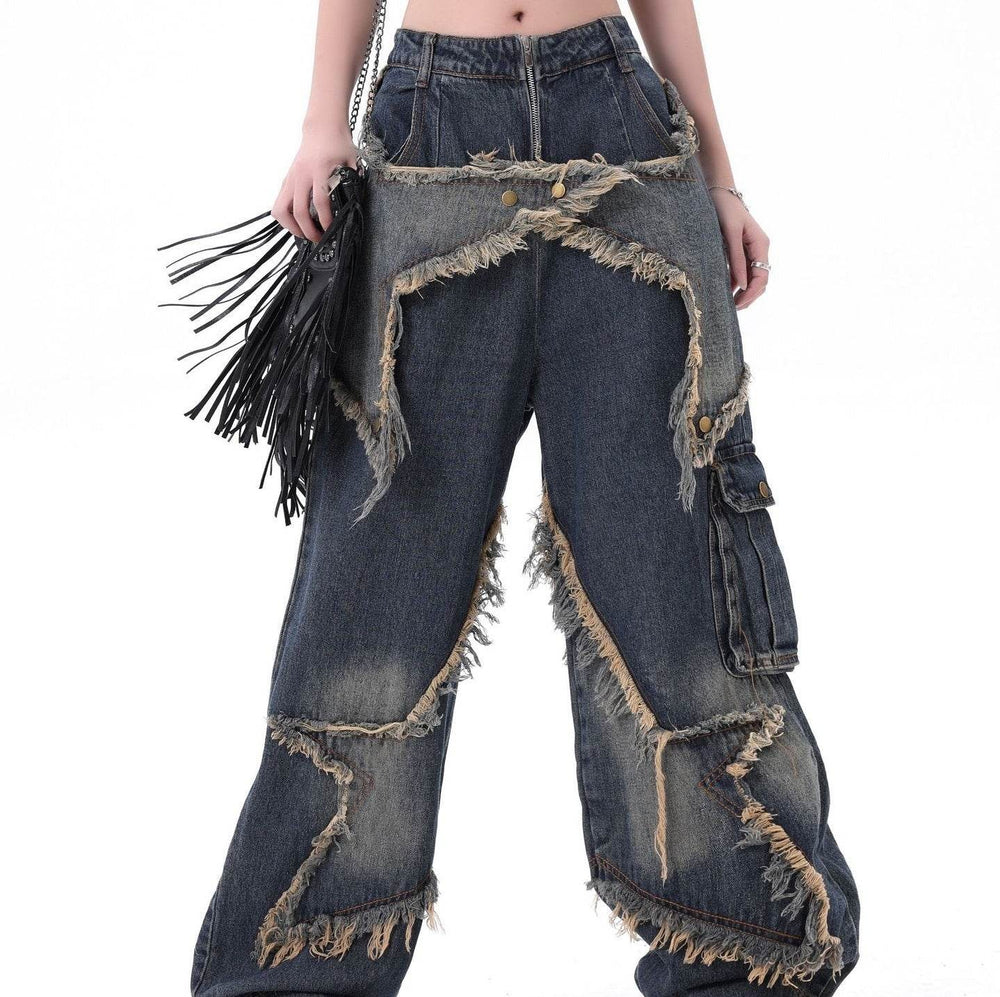 Distressed Denim Pant for women Oversized Streetstyle Patch Cargo Jeans Pant - EX-STOCK Canada