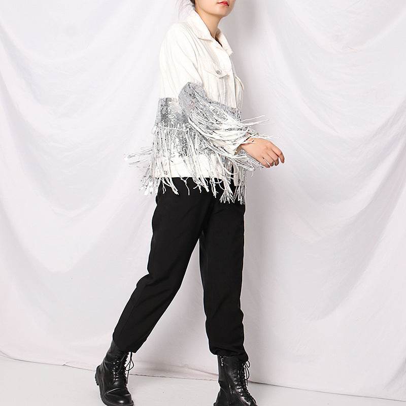 Lapel Pocket Heavy Industry Sequins Tassel Loose Ripped Denim Jacket Women - EX-STOCK Canada