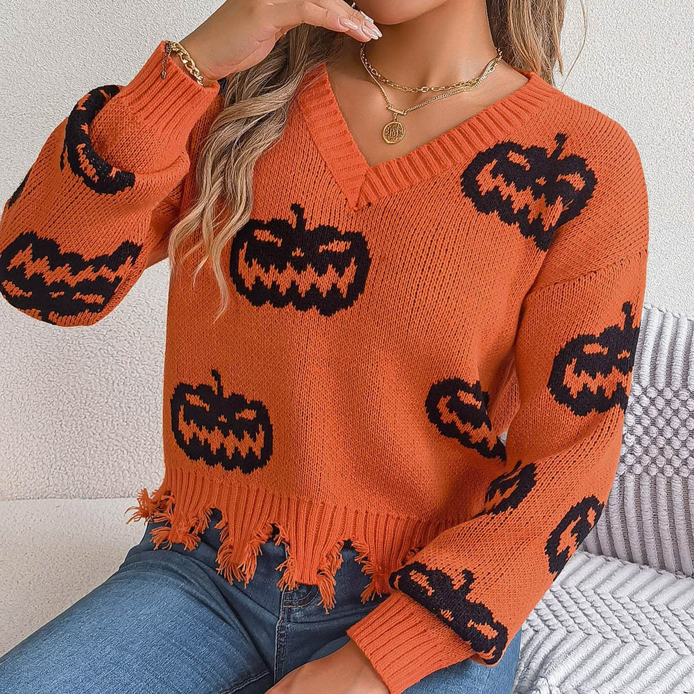 Halloween Contrast Color Pumpkin Cut Long Sleeve Sweater - EX-STOCK Canada
