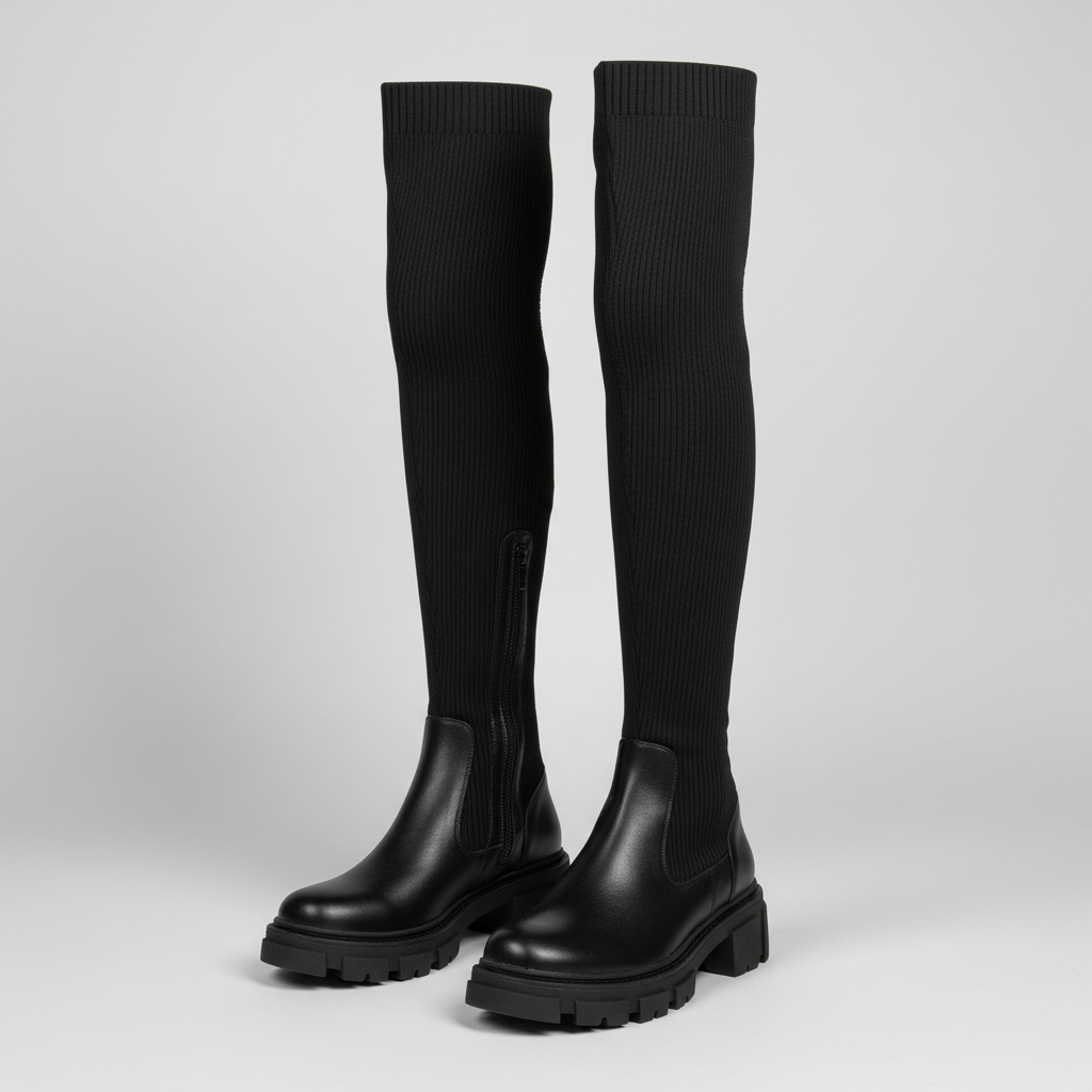 A pair of black over-the-knee boots with ribbed knit shafts, elastic side panels, and chunky lug soles, photographed on a light gray studio background.