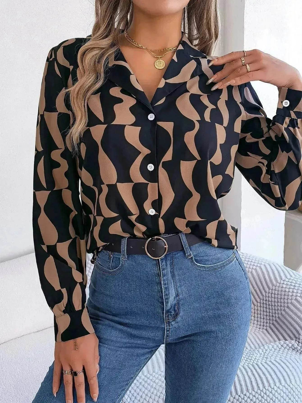Commuting Elegant Contrast Color Striped Suit Collar Long Sleeve Shirt Formal Top for Women Office Wear Top - EX-STOCK Canada