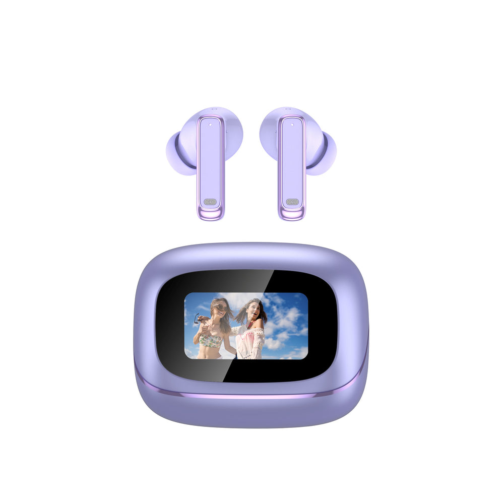 Light purple wireless earbuds with a matching charging case featuring a small display screen, shown on a solid white background.