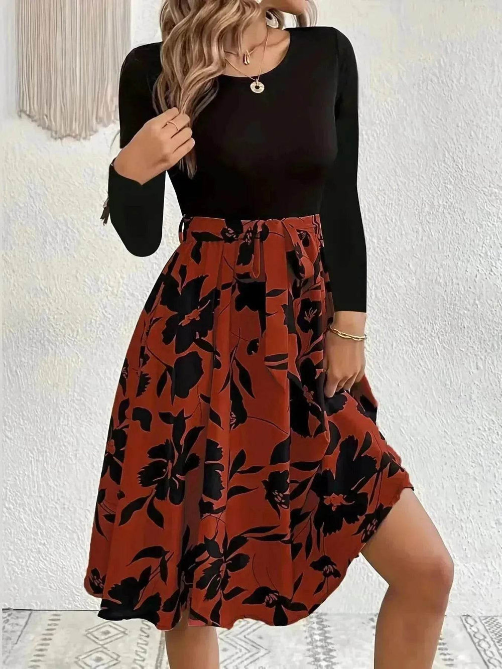 Floral Print Long Sleeve Skirt - Round Neck Flared Dress - EX-STOCK Canada