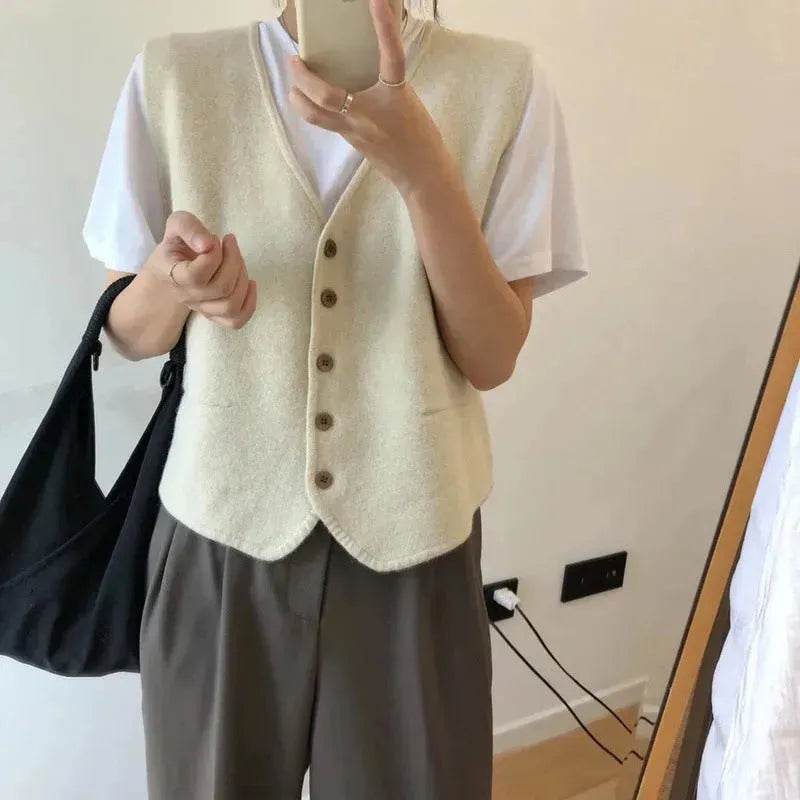 Women Sleeveless V-neck Button Down Knitted Vest Cardigan - EX-STOCK Canada