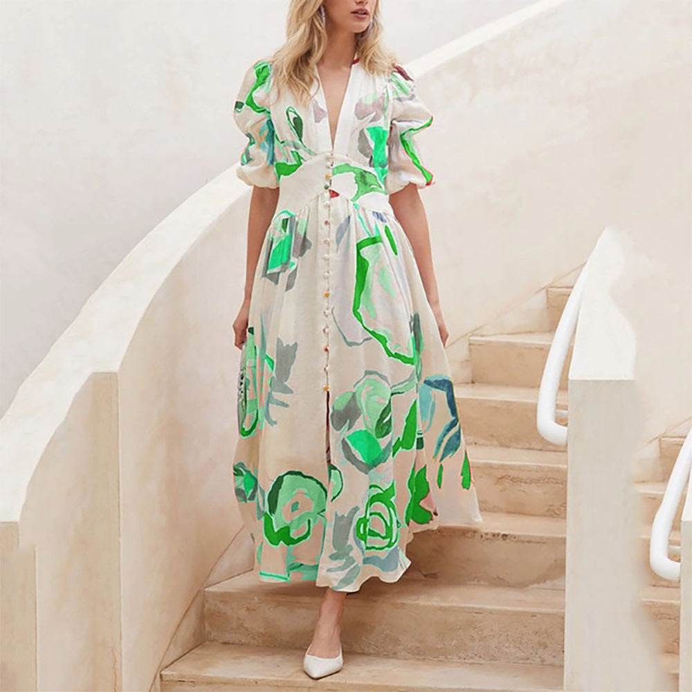 Summer Print Dresses V-neck Button Short Sleeve Midi Dress - EX-STOCK Canada