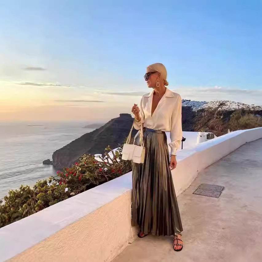 Satin Long Sleeve Shirt & Glossy pleated maxi Skirt 2pcs - EX-STOCK Canada