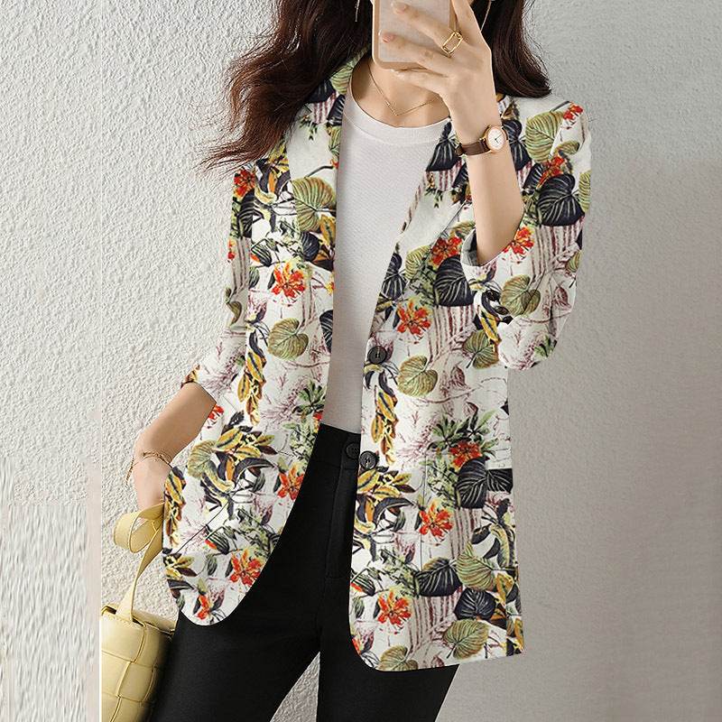 Women's Button Printed Long-sleeved Pocket Vintage Cotton And Linen jacket Blazer - EX-STOCK Canada