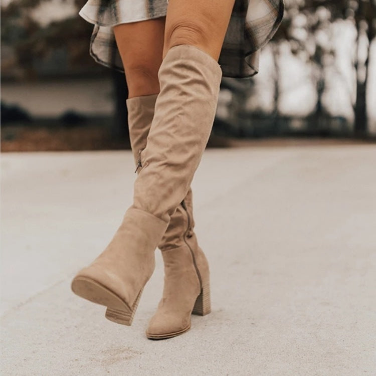 Women's Side Zip Over The Knee Boots – Block Heel Suede Long Boots | Apricot, Black, Brown