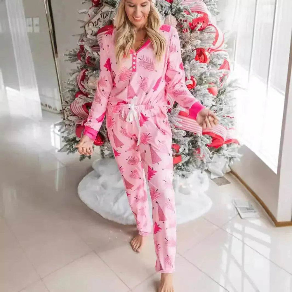 Christmas Pajamas Suit Christmas Tree Printed Long Sleeve Button Two-piece Set - EX-STOCK Canada