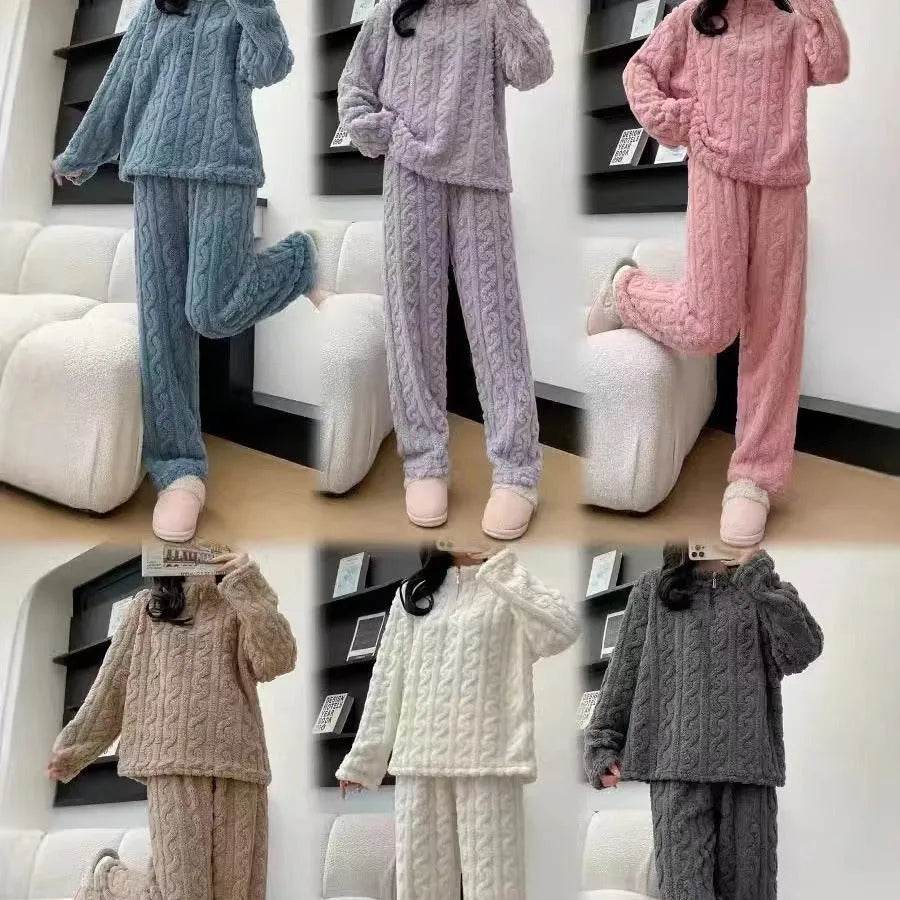 Autumn And Winter New Twist Zipper Couple Fleece-lined Thick Coral Fleece Pajamas Homewear Loungewear Sleepwear For Sleeping - EX-STOCK Canada