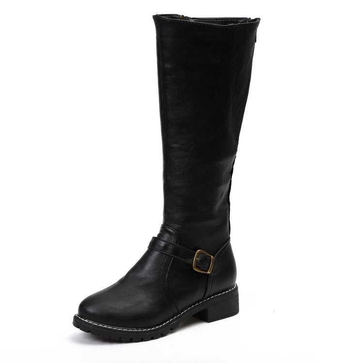 Black knee-high boot with a buckle on a white background
