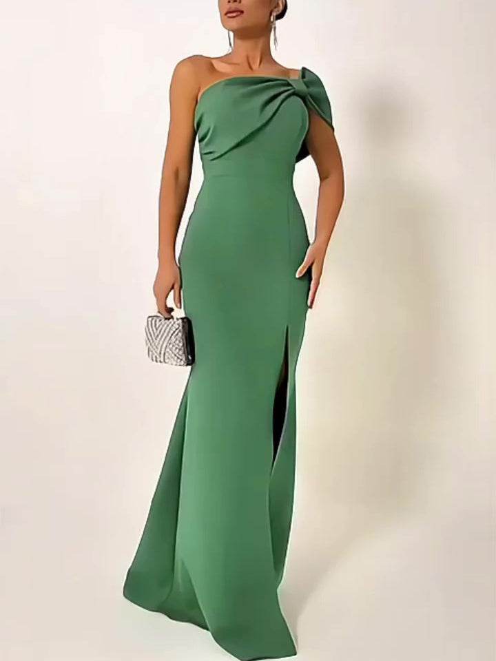 Bow tie One shoulder Green Evening Dress Slit Formal dress - EX-STOCK Canada