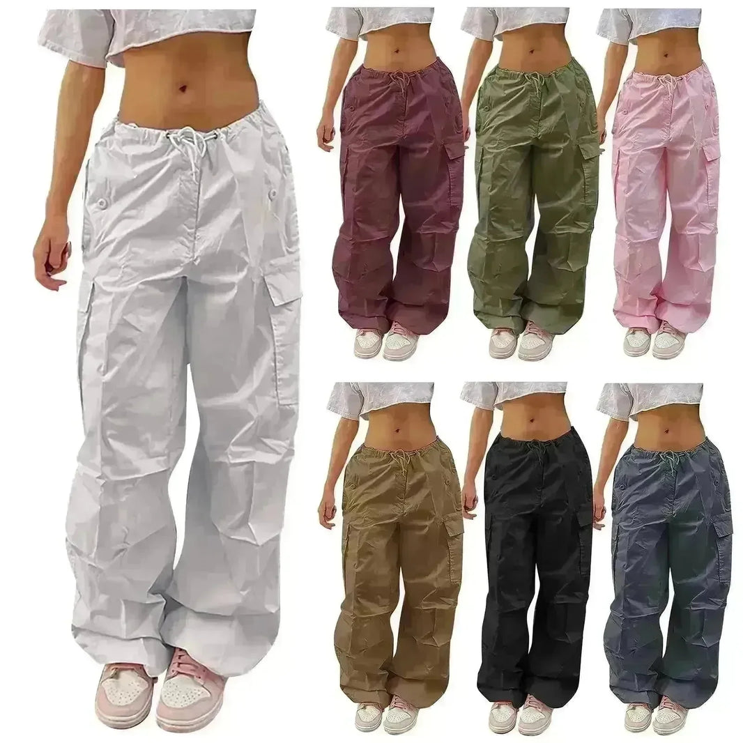 Casual Cargo Pants For Women Solid Color Drawstring Pocket Design Fashion Street Trousers Girls - EX-STOCK CANADA