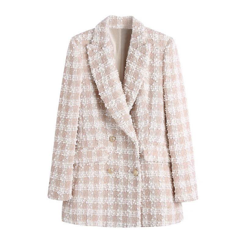 Elegant Luxury Lapel Long Sleeved Double Breasted Check tweed Blazer Women - EX-STOCK Canada