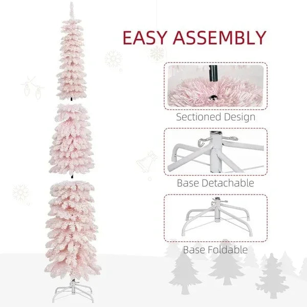6ft Snow-Flocked Artificial Christmas Tree, Slim Pencil Xmas Tree With 395 Realistic Branches, Metal Base EX-STOCK Canada