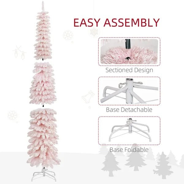 6ft Snow-Flocked Artificial Christmas Tree, Slim Pencil Xmas Tree With 395 Realistic Branches, Metal Base EX-STOCK Canada