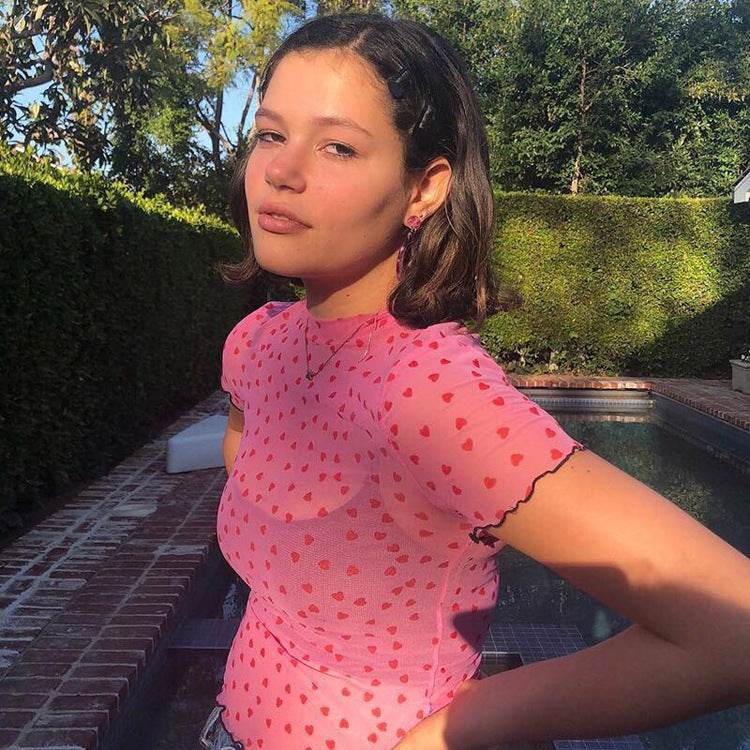 Nibber new Women Heart-shaped Print Pink see-through Tops Tee summer fashion wild Elastic Slim Soft O-Neck short sleeve Tank top - EX-STOCK Canada