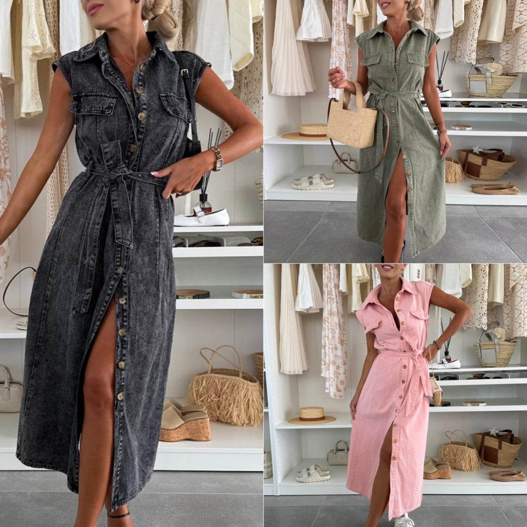 Women's Casual Sleeveless Lace-up Long Dresses Fashion Pockets Solid Party Office Elegant Lapel Single Breasted Denim Dress Summer EX-STOCK CANADA