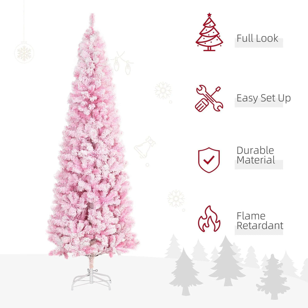6 FT Snow Flocked Artificial Christmas Tree, Pencil Xmas Tree With Realistic Branches, Auto Open And Steel Base, Pink EX-STOCK Canada