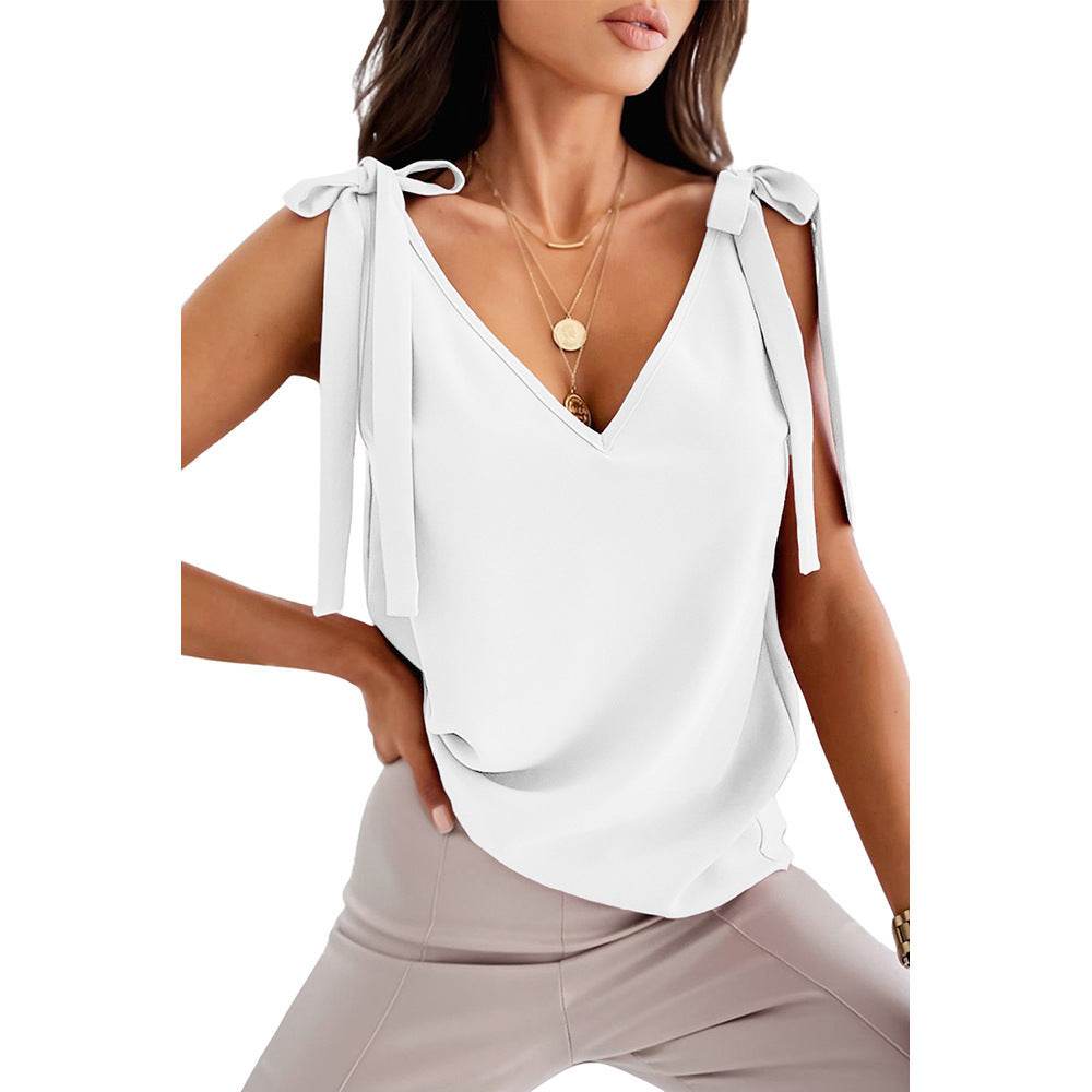 Bowknot Tie Up V-neck top Women Summer Sleeveless Blouse Tops - EX-STOCK Canada