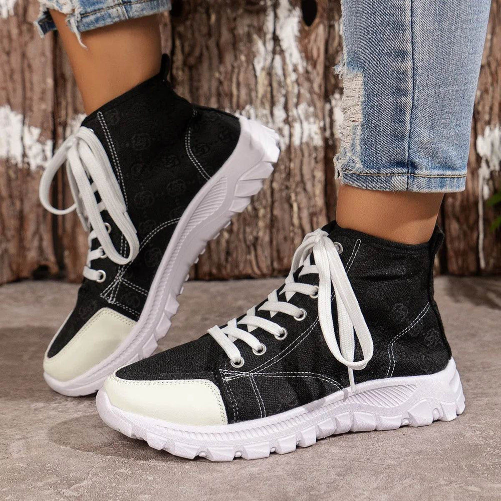 Rose-printed Lace-up Boots Fashion Breathable Canvas Shoes Sports Casual Non-slip Thick-soled Short Boot For Women - EX-STOCK Canada