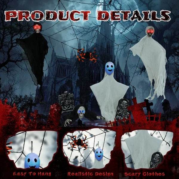 Outdoor Halloween Decorations 8-Piece Set, Hanging Ghosts Decor And Cobweb And Gravestone With Lighted Up Eyes, Scary Swinging Ghost Flying For Yard Patio Lawn Garden - EX-STOCK Canada