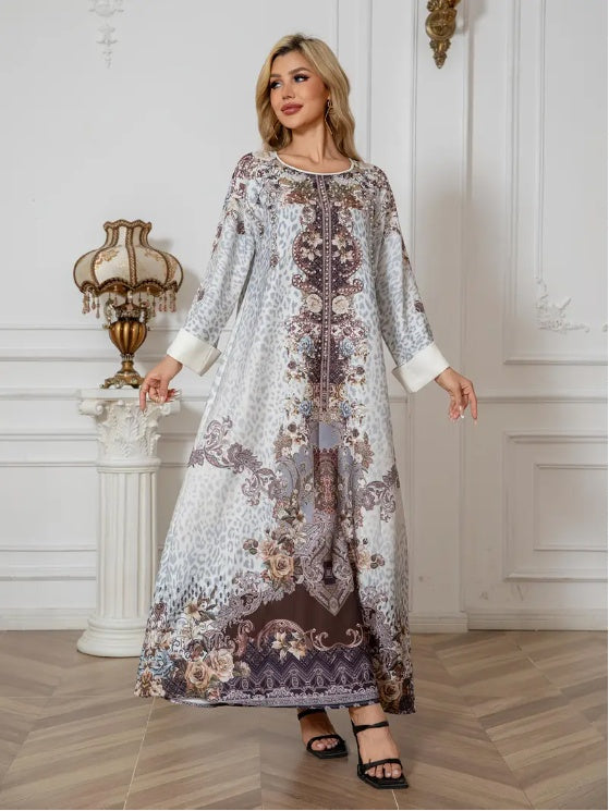Robe Abaya à Manches Longues avec Imprimé Floral Élégant - EX-STOCK Canada
