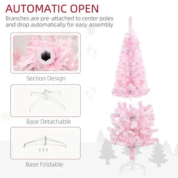 4 Ft Flocked Pencil Christmas Tree, Artificial Christmas Tree With Realistic Branches, Auto Open And Steel Base, Pink EX-STOCK Canada