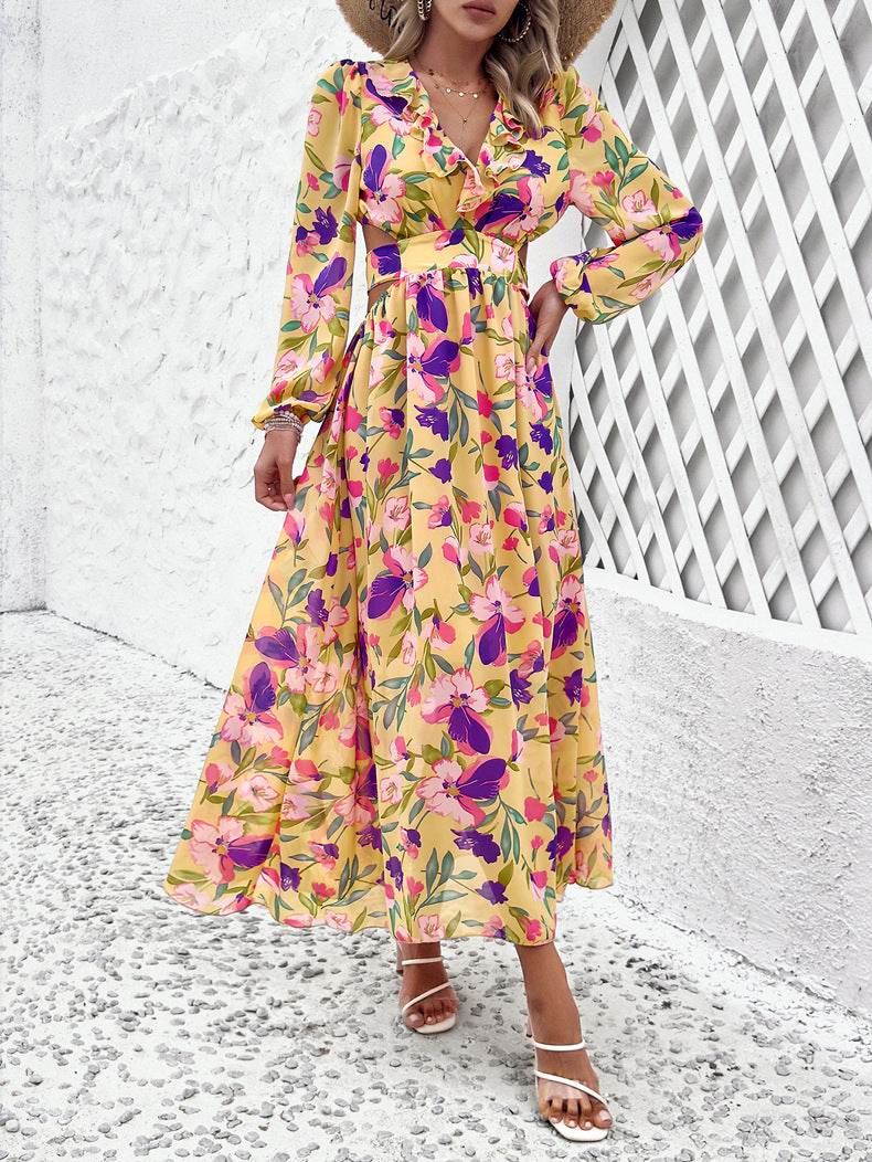 Fashion Florals Print Long Sleeve Dress Casual Holiday Tight-waisted V-neck Dresses Women Clothing - EX-STOCK Canada