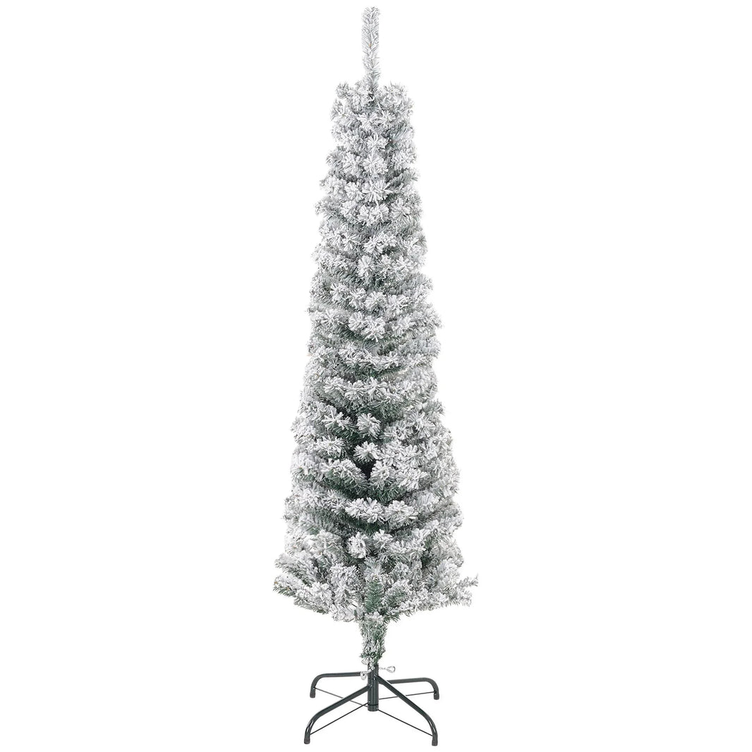 5ft Flocked Christmas Tree, Pencil Christmas Tree With Realistic Branch Tips, Folding Metal Stand, Green EX-STOCK Canada
