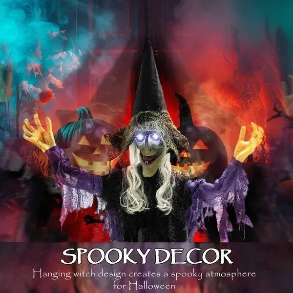 Lebensgroße Halloween-Animation hängende Hexe mit leuchtenden LED-Augen, gruselige Halloween-Dekoration, batteriebetriebenEX-STOCK Canada