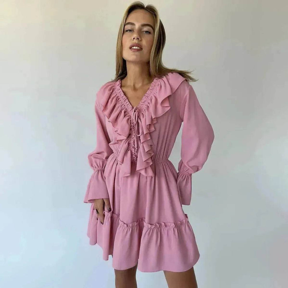 Casual Fashion V Neck Pleated Ruffle Long Sleeve Dress Y2K V Neck Flared Sleeve Short Mini Skater Dress Women's Clothing - EX-STOCK Canada