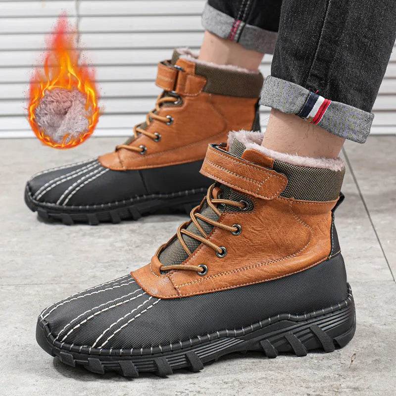 Winter Fleece Lace-up Snow Boots For Men Women Waterproof And Anti-slip Outdoor Work Boot Fashion Warm Mid-tube Cotton Shoes Men - EX-STOCK Canada